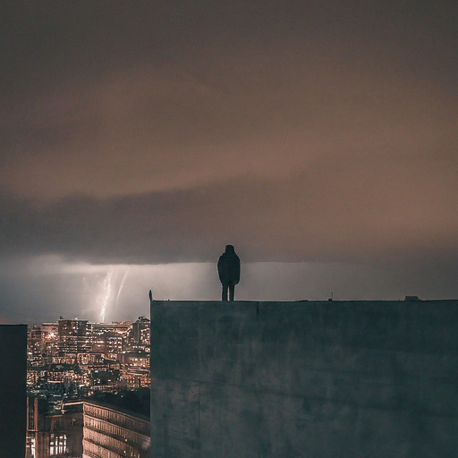 A Solitary Figure Contemplates the City Under a Stormy Sky