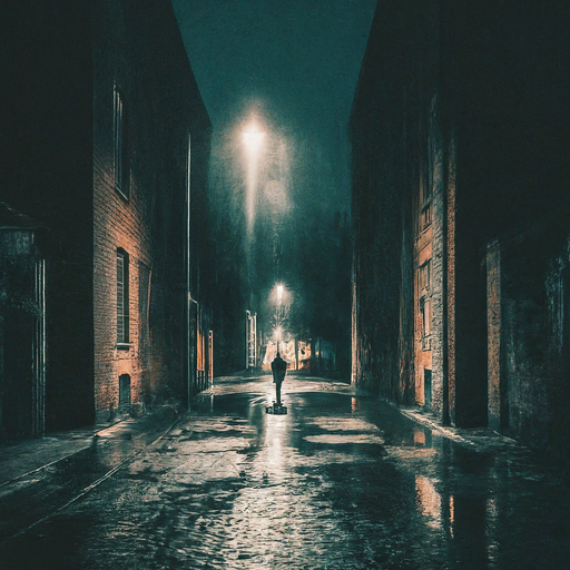 Lost in the Shadows: A Solitary Figure Walks a Wet, Mysterious Street