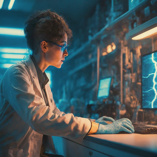 A Woman in Blue and Orange Light: A Glimpse into a Futuristic Lab