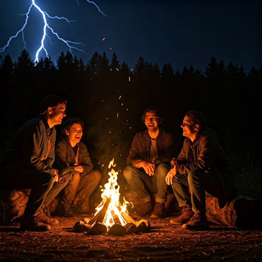 Friends Gather ‘Round the Fire Under a Stormy Sky