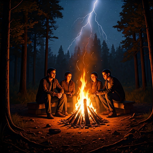 Lightning Strikes a Tranquil Campfire Gathering