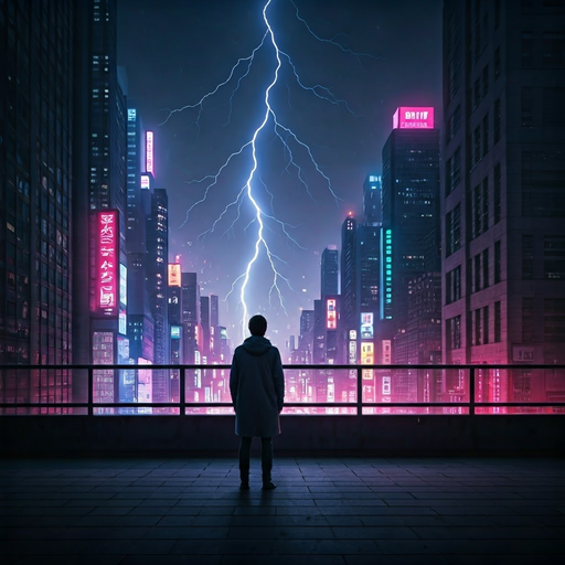 A Solitary Figure Bathed in Neon and Lightning