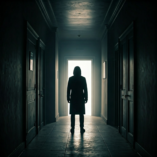 Hooded Figure in a Shadowy Hallway