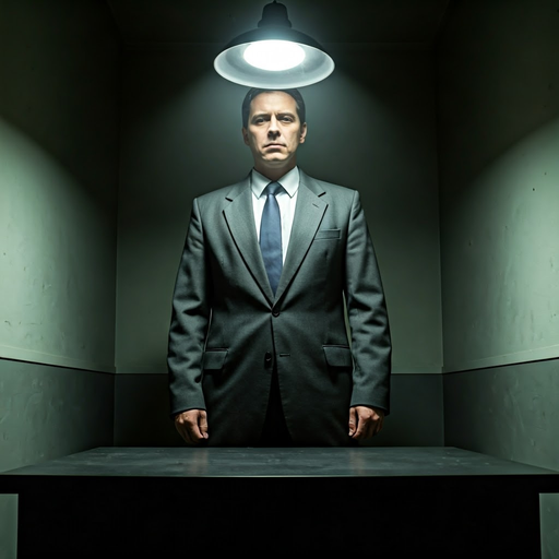 Shadowed Secrets: A Man in a Minimalist Interrogation Room