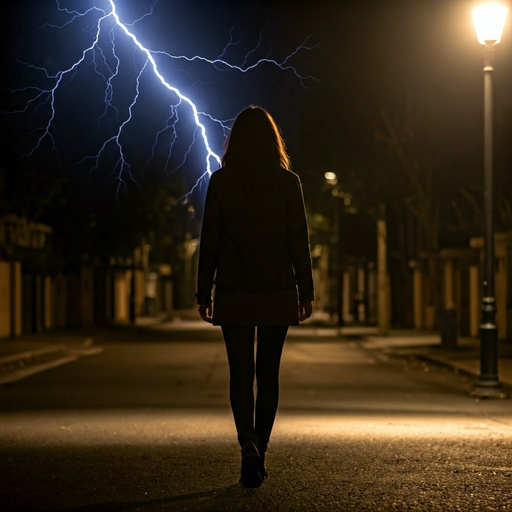 Silhouette of Mystery: A Woman Walks Under a Stormy Sky