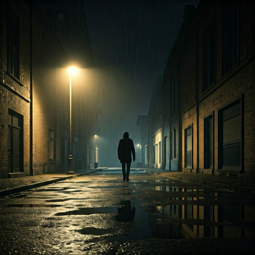 Lost in the Shadows: A Lonely Figure Walks a Deserted Street