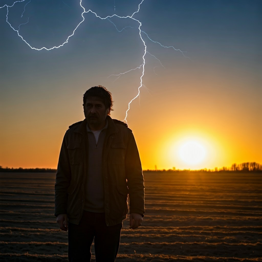 Man Silhouetted Against a Dramatic Sunset and Lightning Strike