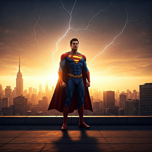 Superman: A Silhouette of Power Against the Sunset Storm