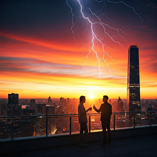 Two Men Toast to Hope Amidst a Dramatic Cityscape