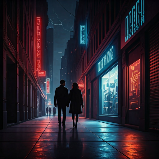 Lost in the Neon Glow: A Couple’s Mysterious Night Stroll