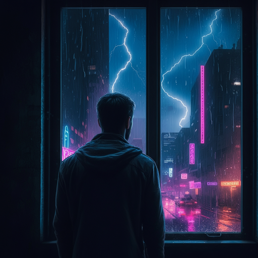 Silhouetted in the Storm: A Cyberpunk Tale of Isolation