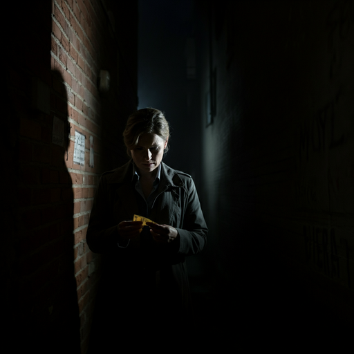 Lost in the Shadows: A Woman’s Worried Glance in a Dark Alley