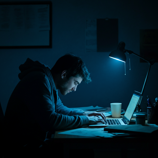 The Late Night Grind: A Man’s Focus Under Dim Light