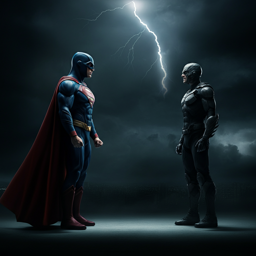 Clash of Titans: Superheroes Face Off Under a Stormy Sky