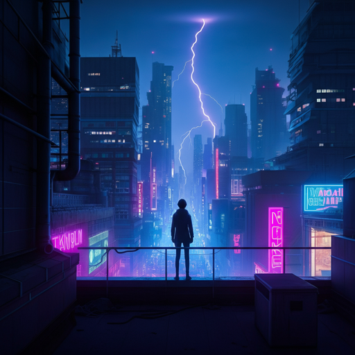 A Lone Figure in a Neon-Lit Cityscape