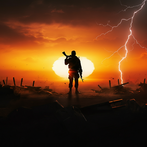 Silhouetted Soldier in a War-Torn Landscape