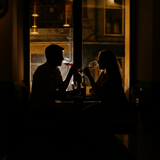 A Romantic Evening in Silhouette: Toasting to Love in a Cozy Restaurant