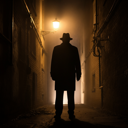 Shadowy Figure in Foggy Alley Evokes Mystery and Suspense