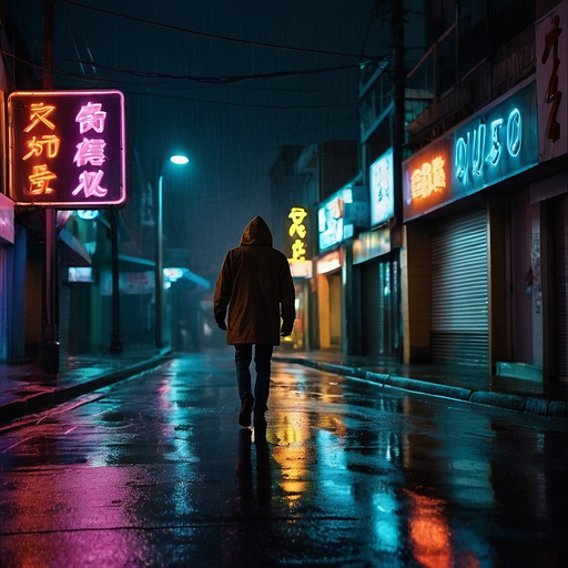 Lost in the Neon Glow: A Solitary Figure Walks the Wet Streets