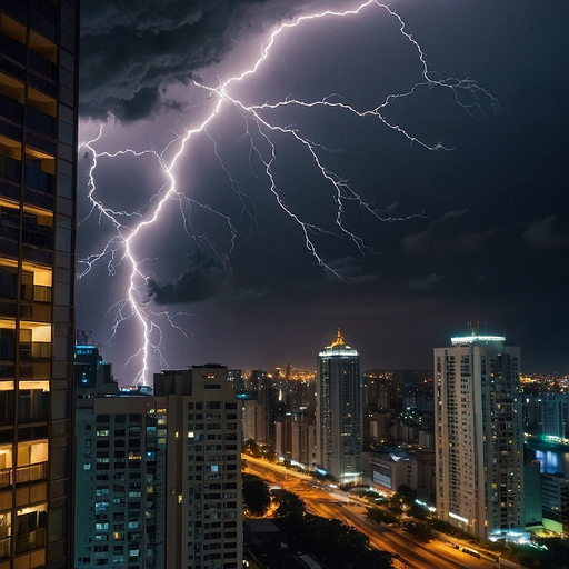 Lightning Strikes Illuminate Cityscape in Dramatic Nighttime Display