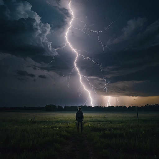 Nature’s Fury: A Lone Figure Bathed in Lightning’s Glow