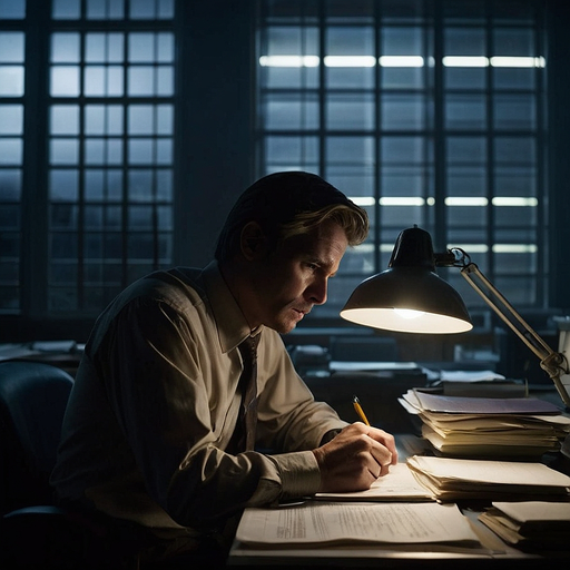 The Shadowed Desk: A Man’s Focus Under Suspenseful Light