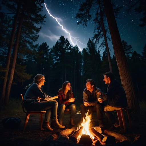 Friends Gather ‘Round the Campfire as Lightning Lights the Night