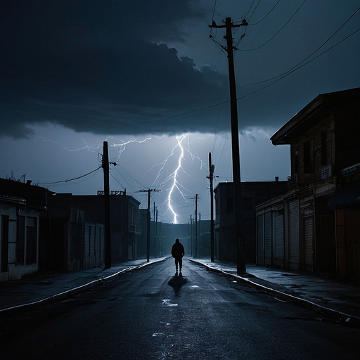 Silhouette of Solitude: A Figure Walks Beneath a Stormy Sky