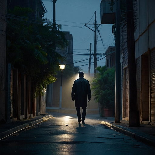 Lost in the Shadows: A Lone Figure Walks a Mysterious City Alley