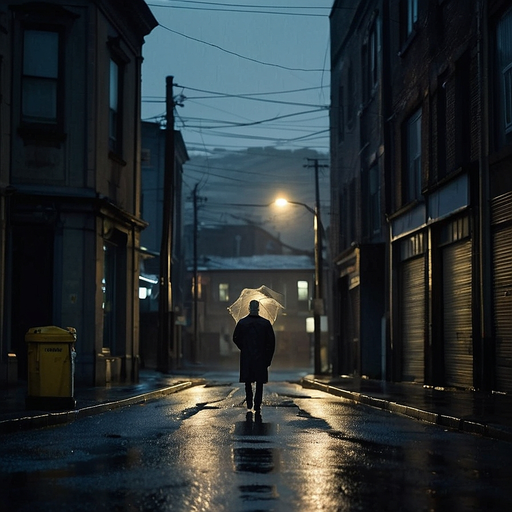 Lost in the Shadows: A Solitary Figure Walks a Deserted City Street