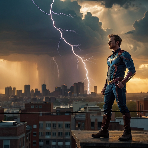 Superhero Stands Tall Against the Storm