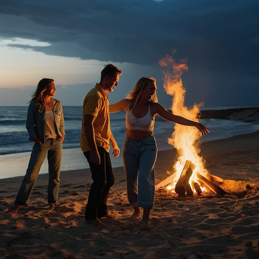 Friends Gather Around a Bonfire Under a Romantic Sunset