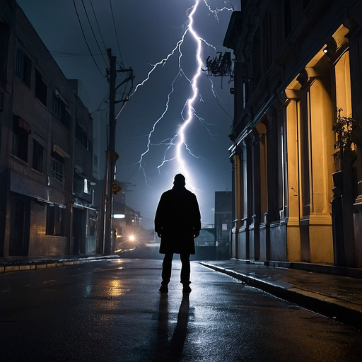 Lightning Strikes a Lone Figure in Deserted Street