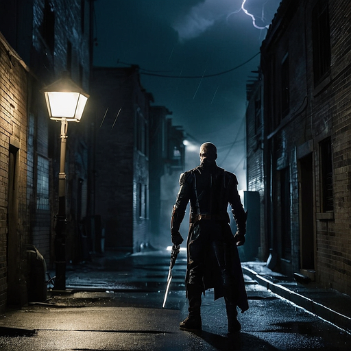 Silhouetted in the Storm: A Lone Figure in a Deserted Alley