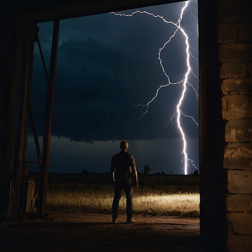 Lightning Strikes a Lone Figure in a Dramatic Field