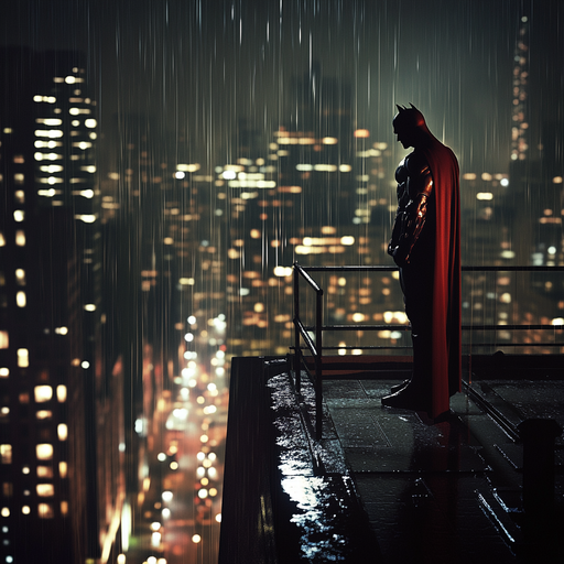 Batman’s Brooding Silhouette Dominates Rainy Cityscape