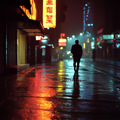 Lost in the Neon Glow: A Lonely Figure Walks the Wet City Streets