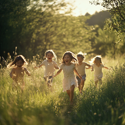 Sun-Kissed Joy: Children Frolic in a Field of Golden Grass