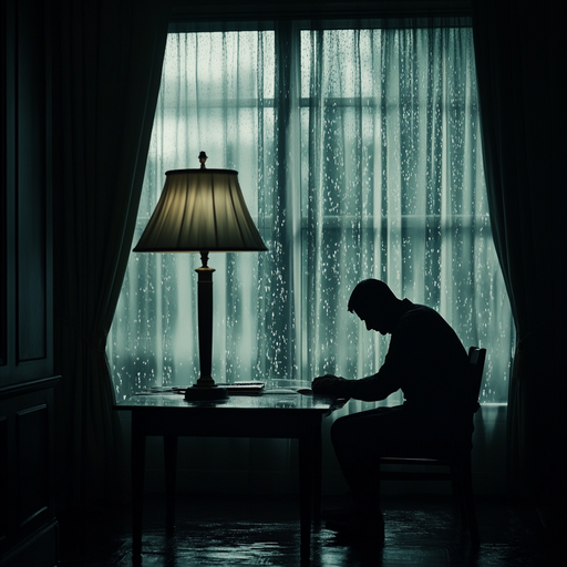 Silhouettes of Solitude: A Man Contemplates in the Rain