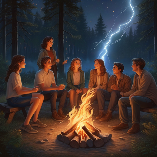 Friends Gather ‘Round the Fire, As Lightning Strikes Above