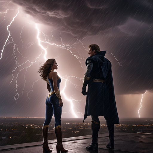 Superhero Showdown Under a Stormy Sky