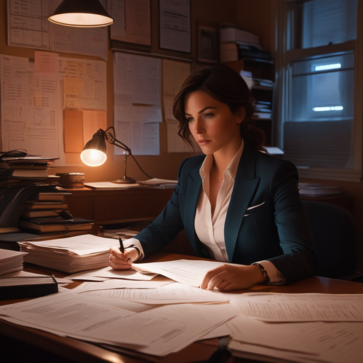 The Shadow of Focus: A Woman’s Determination in a Dimly Lit Office