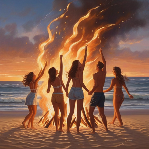 Sunset Bonfire Romance: A Night of Laughter and Memories