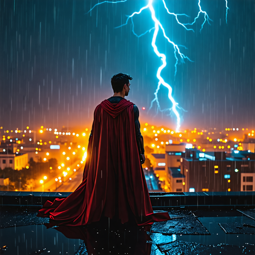 Superhero Stands Tall Amidst the Storm