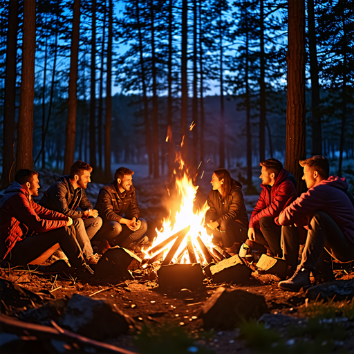 Campfire Glow: Friends Gather in the Forest’s Embrace