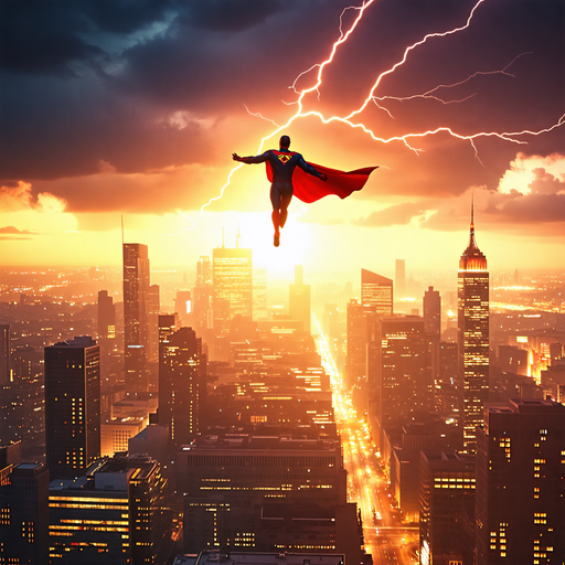 Superhero Soars Above Cityscape in Epic Sunset Showdown