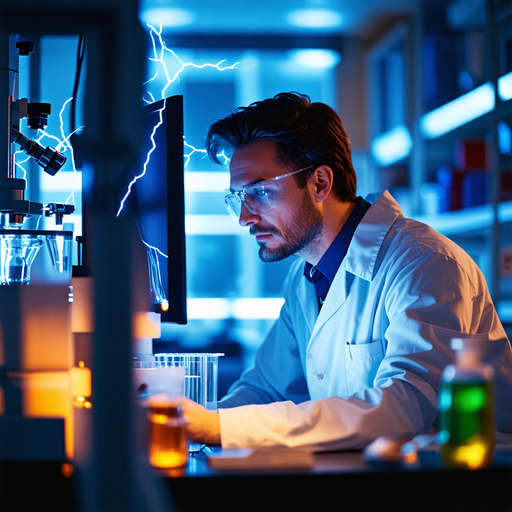 Scientist Faces Electrifying Discovery in Suspenseful Lab Scene