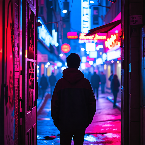 Lost in the Neon Glow: A Figure Walks the Night