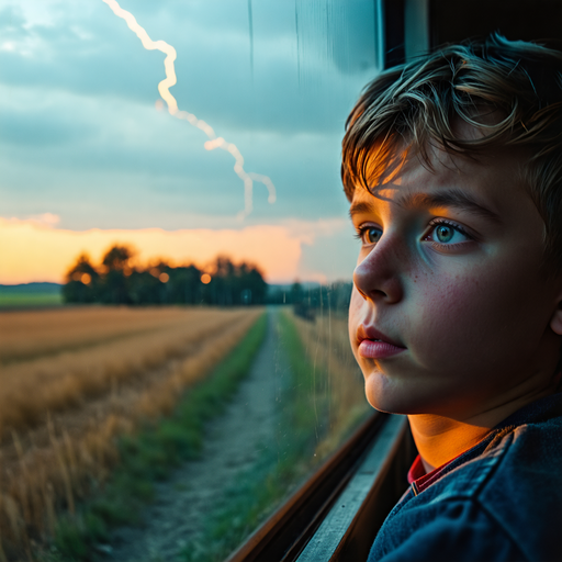 A Boy’s Melancholy Gaze at a Stormy Sunset