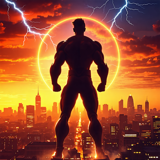 Heroic Silhouette: A Superhero Stands Against the Sunset